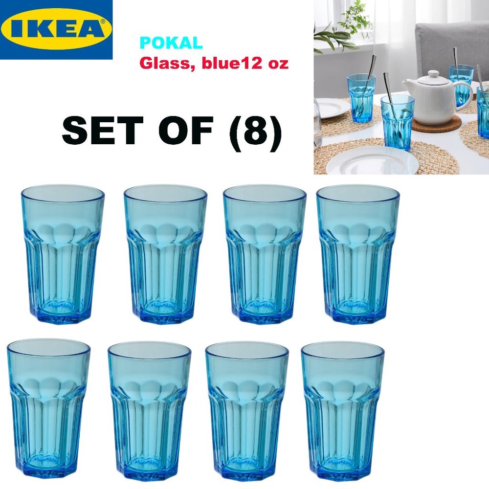 (8) IKEA POKAL Glass Turquoise 12 oz Set Of 8 Tempered Glass New Design